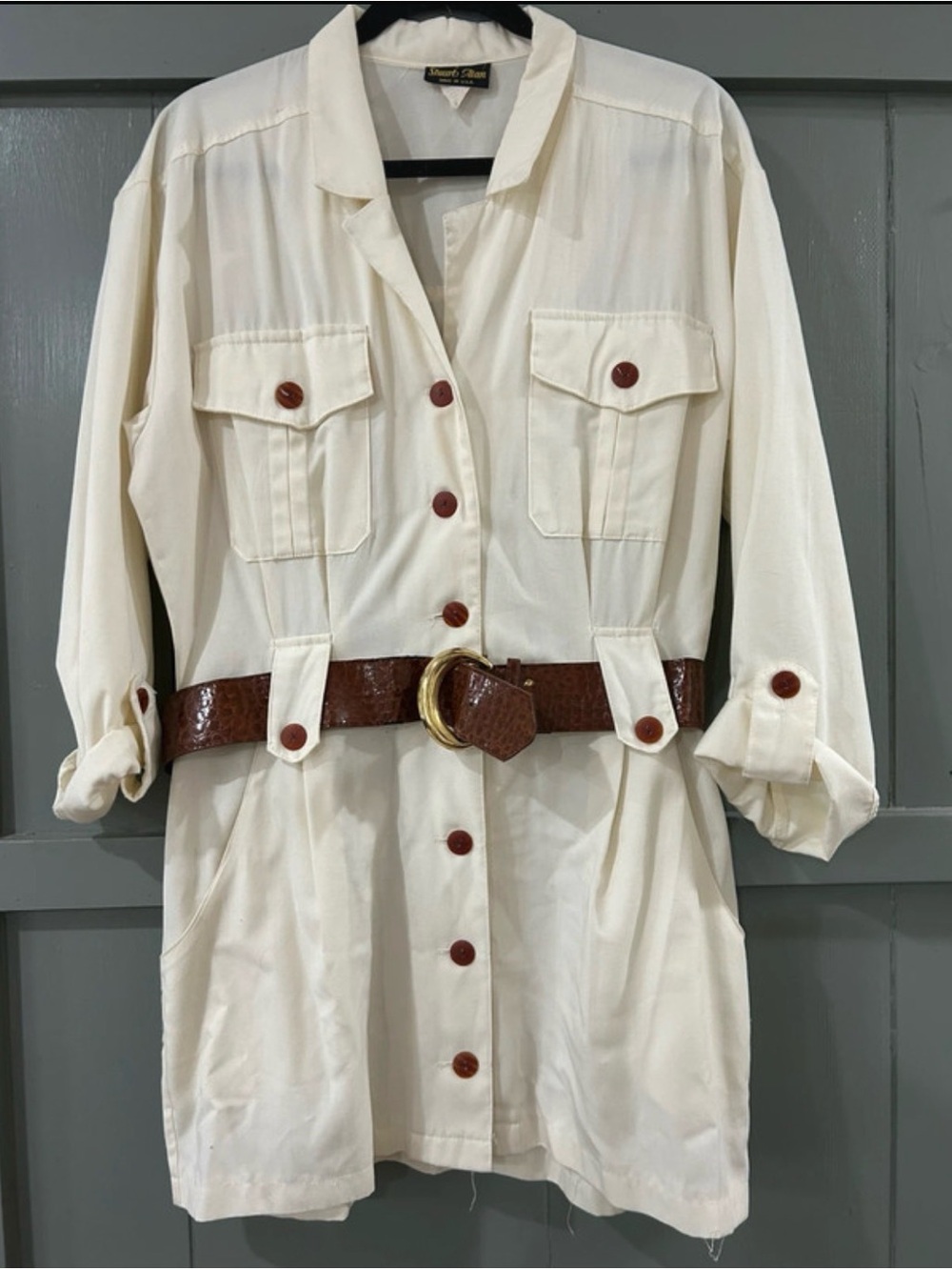 1980s Vintage Stuart Alan Ivory Safari Belted Shirt Dress